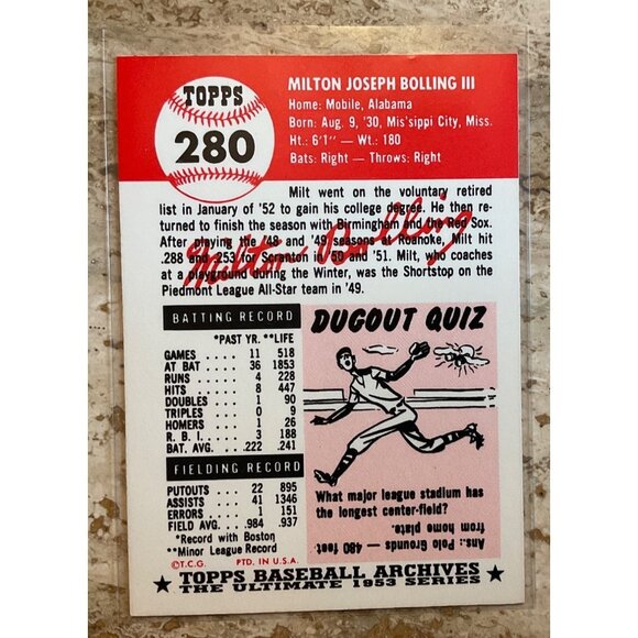 Milt Bolling Boston Red Sox Baseball Card 1955 Topps Archives #280 Shortstop Ret - Picture 2 of 3